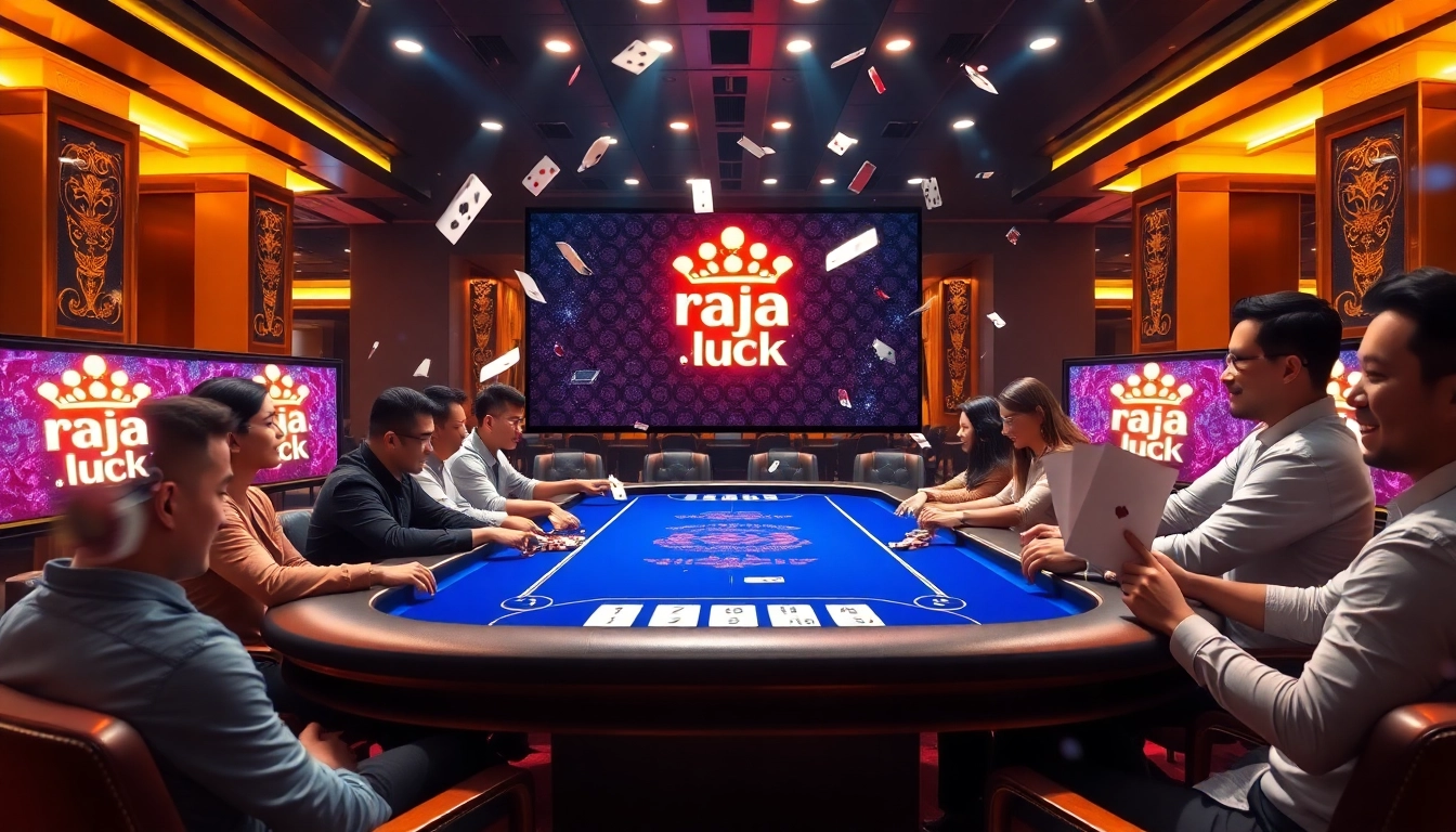 Intense poker action at raja luck casino, featuring vibrant chips and glowing cards.