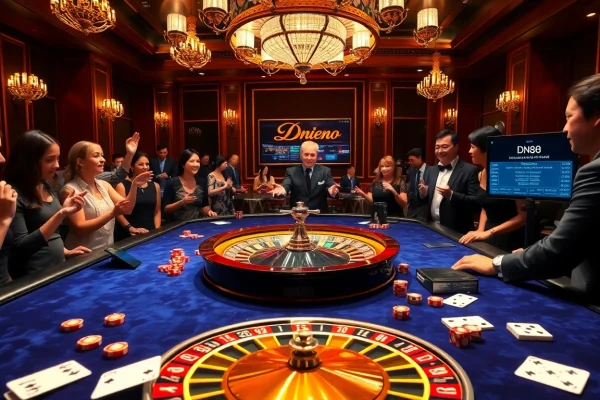 Excited players enjoying a DN 88 casino gaming table with vibrant poker chips.