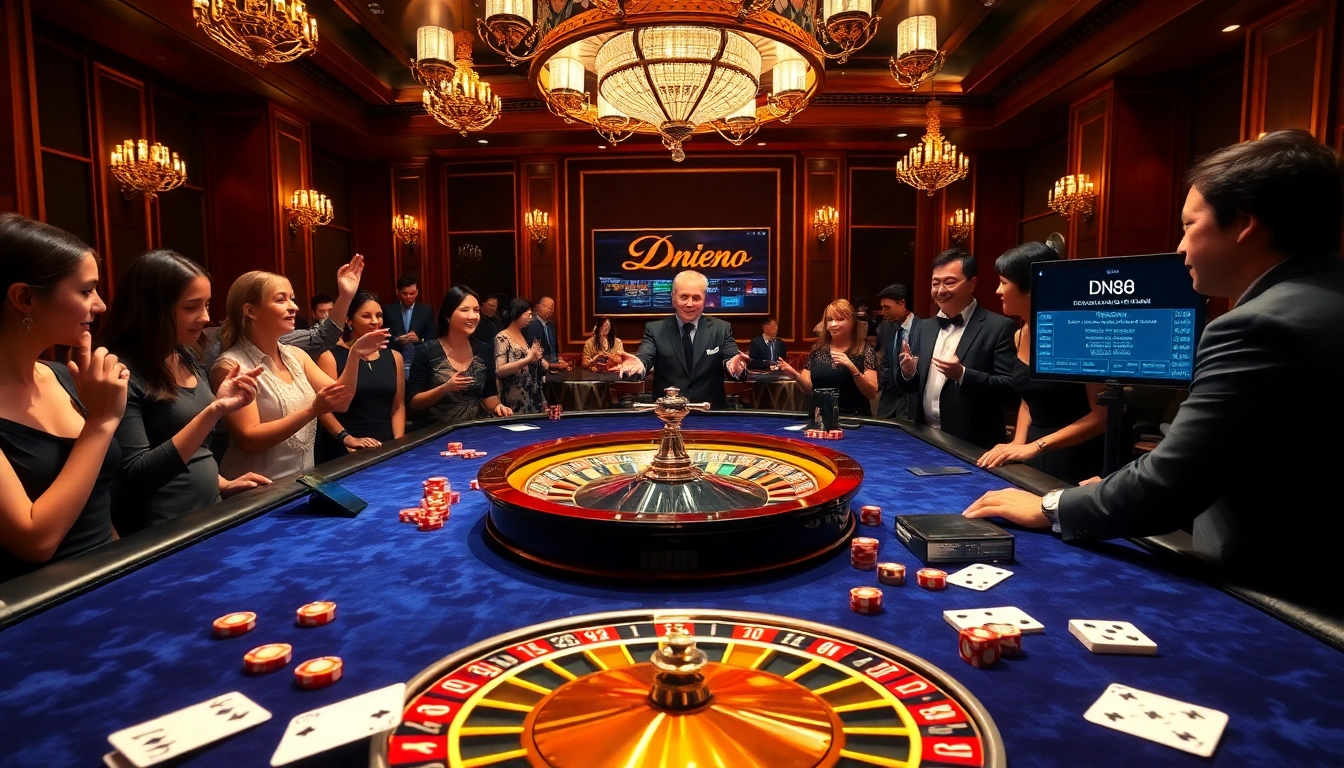 Excited players enjoying a DN 88 casino gaming table with vibrant poker chips.