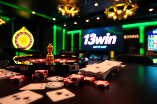 Experience the excitement at 13win's online casino with vibrant roulette and poker elements.