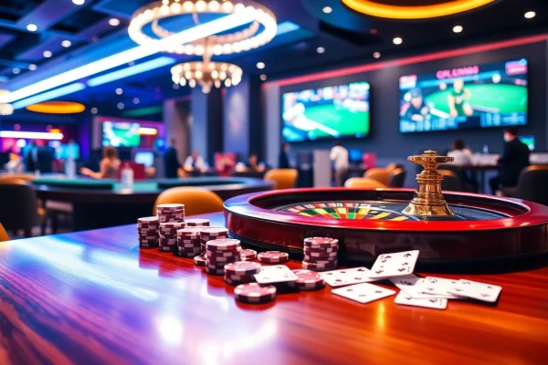 A dynamic online gaming scene representing 78winel.com with poker chips and roulette.