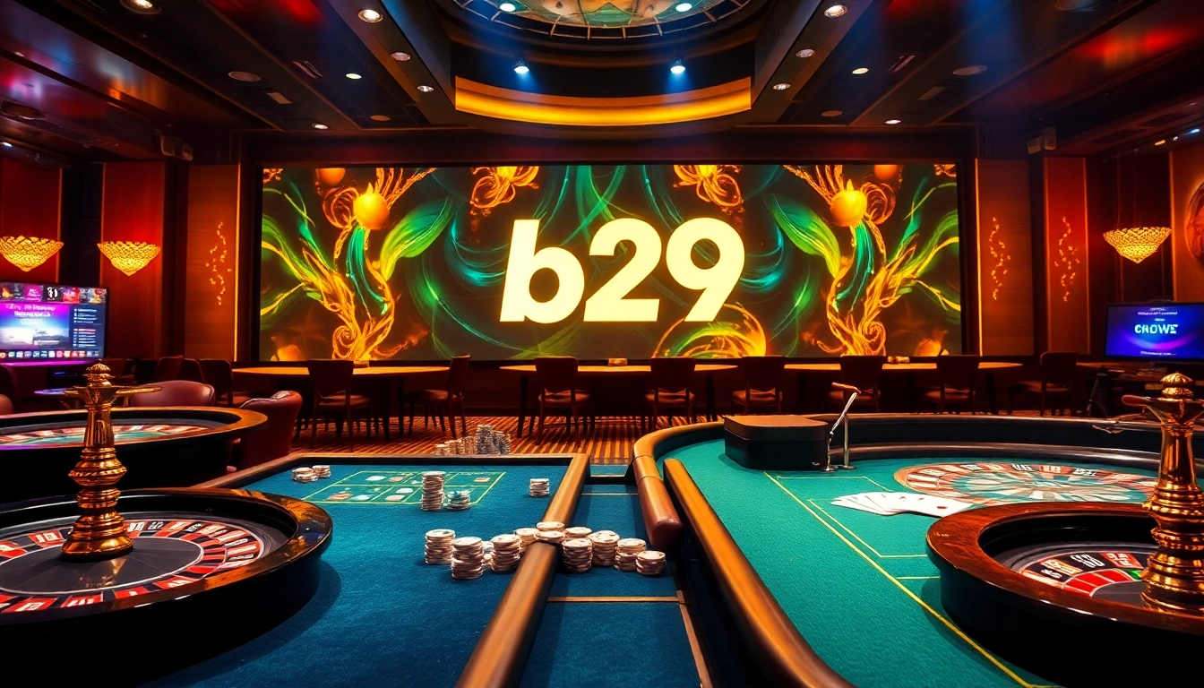 Experience high-stakes gaming at b29 with lively casino tables and vibrant poker chips.