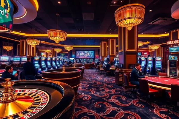 Experience the thrill of gambling with BDJL at a luxurious casino featuring roulette and poker tables.