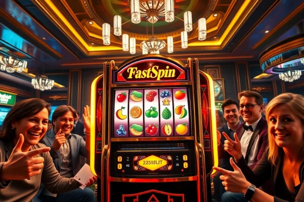 Exciting players engaging in ทดลองเล่นสล็อต FastSpin at a luxurious casino with vibrant slot machines.