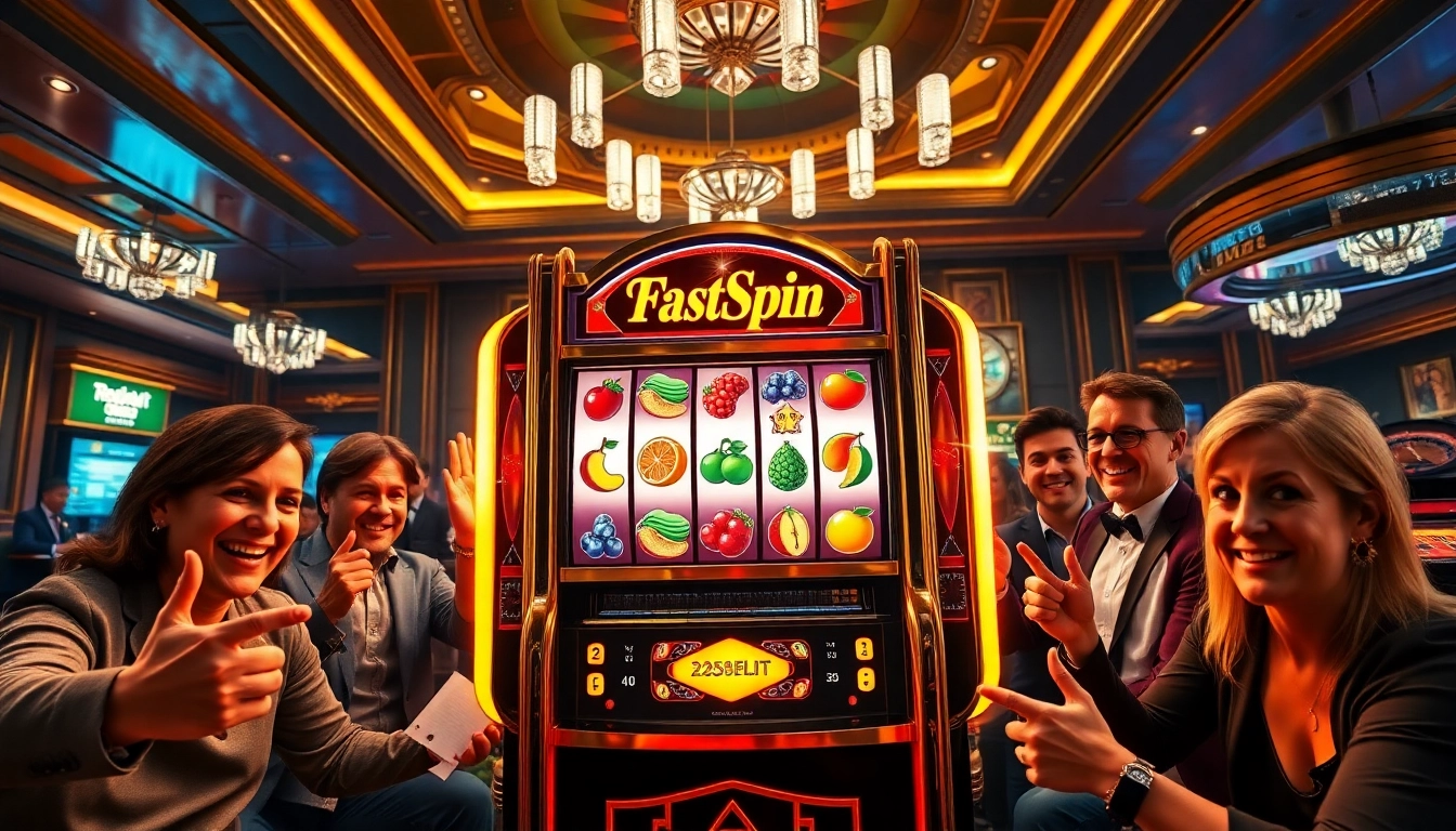 Exciting players engaging in ทดลองเล่นสล็อต FastSpin at a luxurious casino with vibrant slot machines.