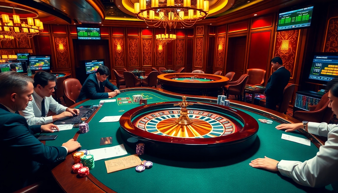 Engaging poker players at a luxurious casino featuring keonhacai5 game statistics.
