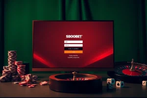 Engaging SBOBET login interface alongside classic casino elements, inviting online gambling excitement.