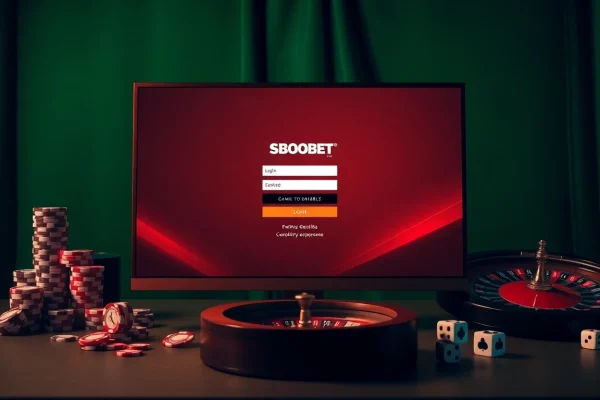 Engaging SBOBET login interface alongside classic casino elements, inviting online gambling excitement.