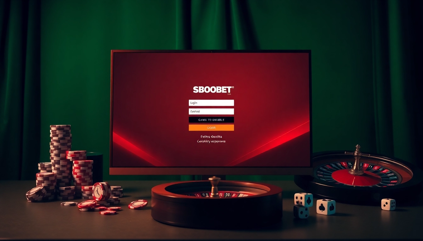 Engaging SBOBET login interface alongside classic casino elements, inviting online gambling excitement.