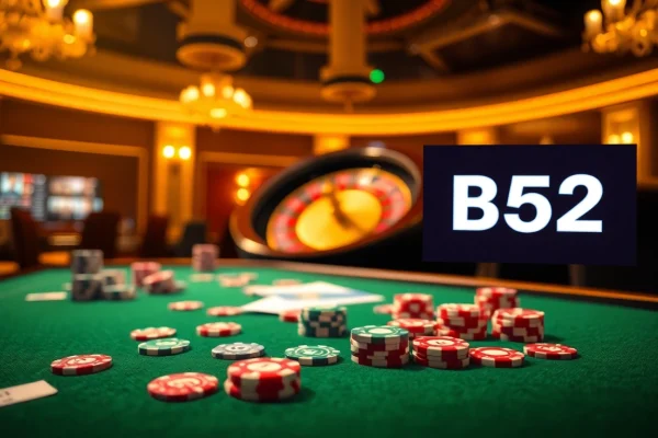 B52 casino gaming table with poker chips and ambient lighting, highlighting excitement in gambling.