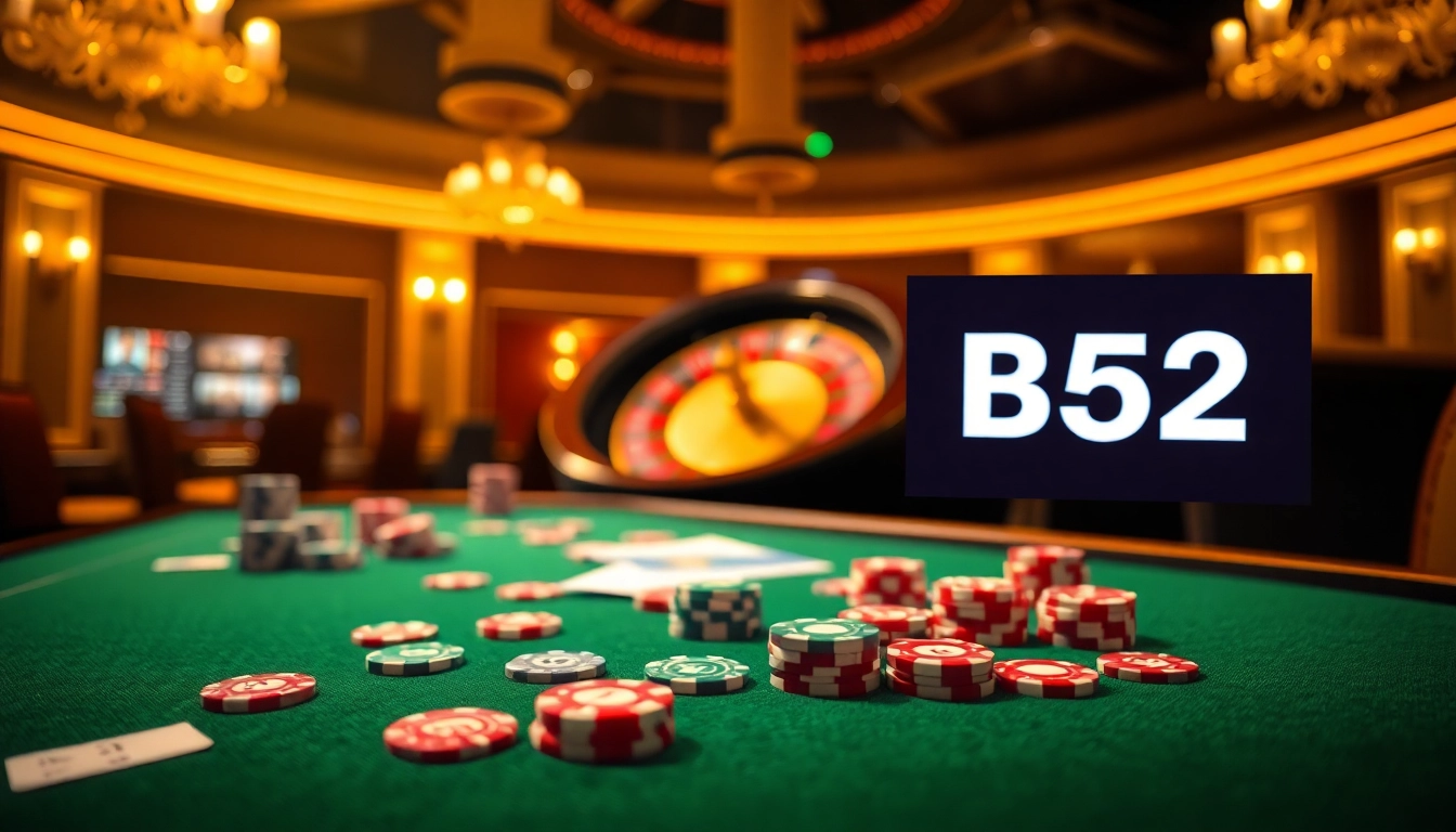 B52 casino gaming table with poker chips and ambient lighting, highlighting excitement in gambling.