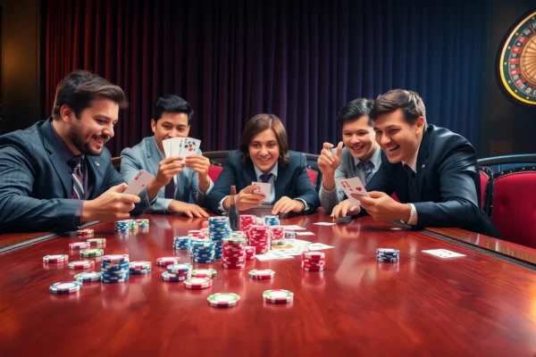 Immerse in the excitement of lego138 daftar with a lively casino poker scene showcasing vibrant chips and players.