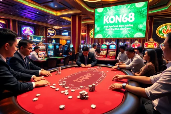 Experience high-stakes excitement at KONG88 with players enjoying poker and vibrant slot machines.
