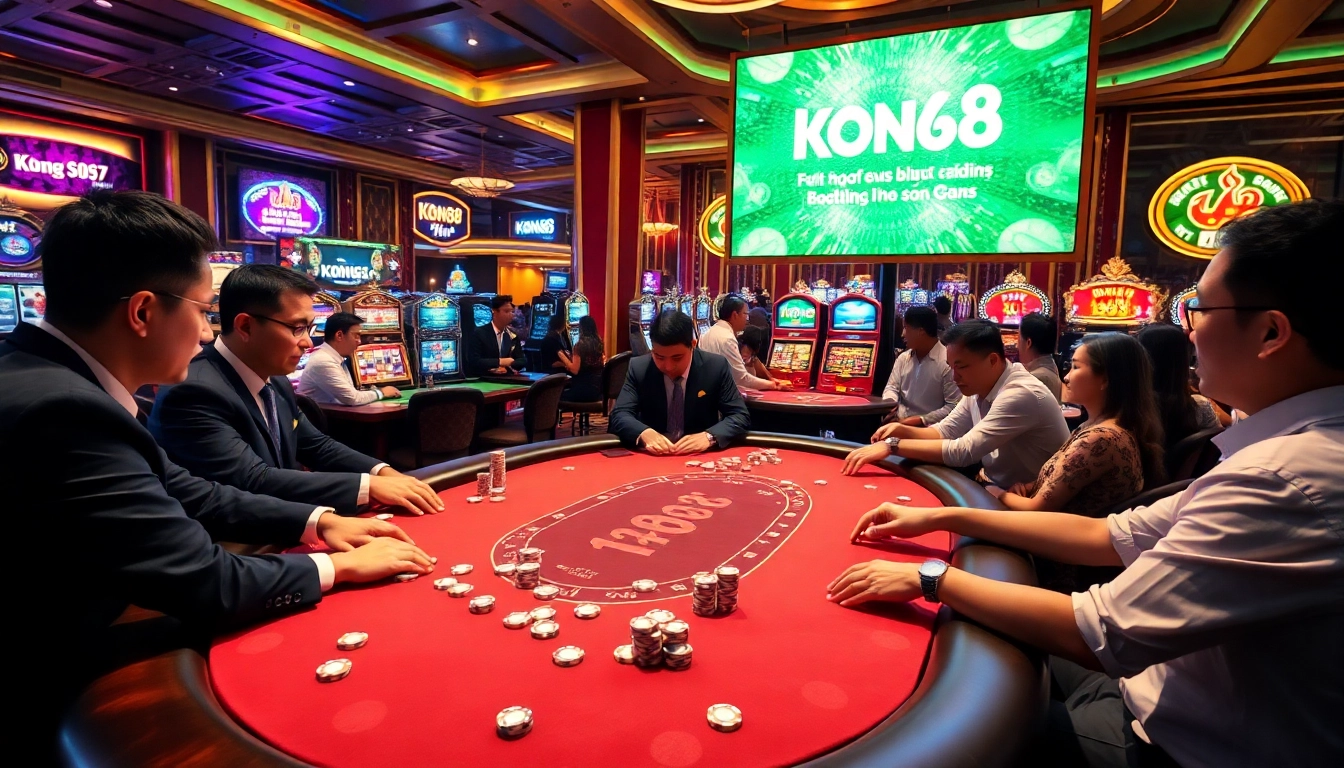 Experience high-stakes excitement at KONG88 with players enjoying poker and vibrant slot machines.