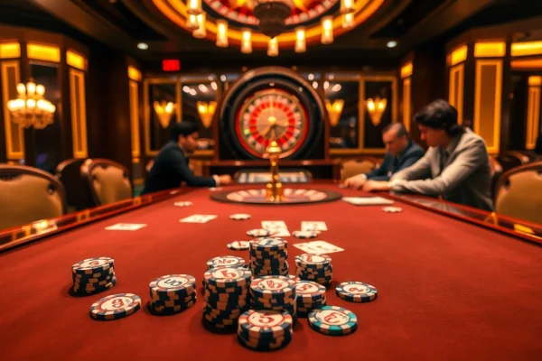 SODO66 poker game scene showcasing players with chips and cards in a luxurious casino atmosphere.