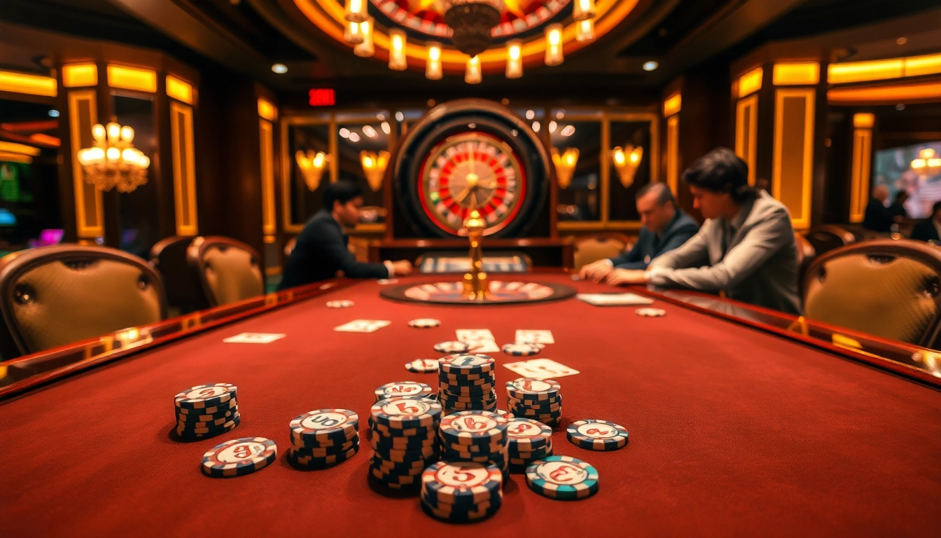 SODO66 poker game scene showcasing players with chips and cards in a luxurious casino atmosphere.