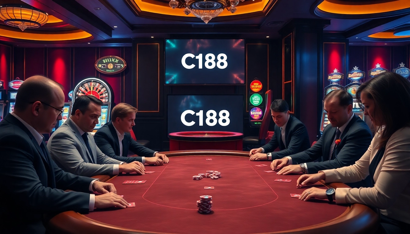 Poker players strategizing at a C168 table, showcasing excitement and professionalism in a luxurious casino setting.