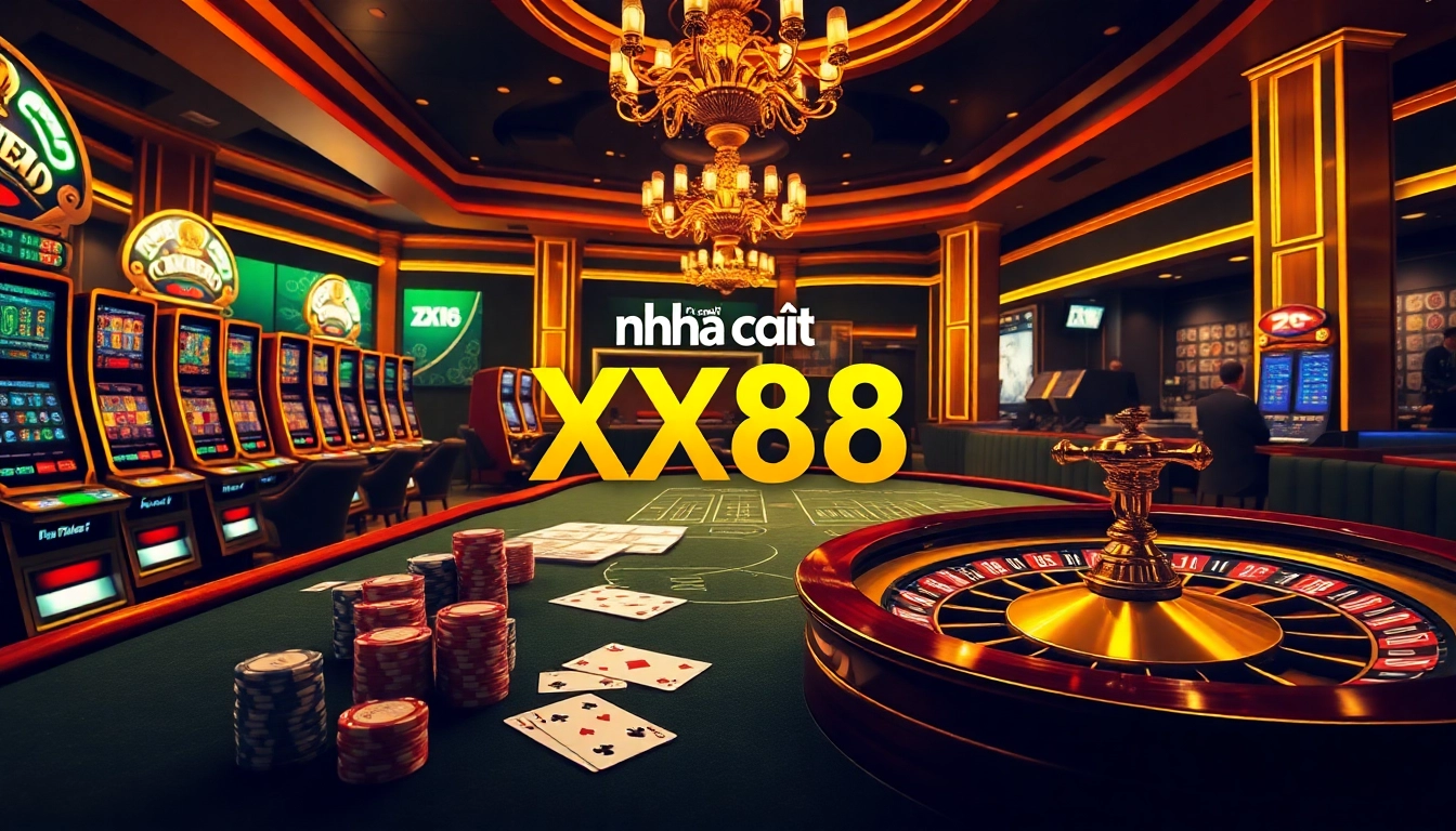 Exciting gaming action at nhà cái XX88 casino with vibrant roulette and poker activities.