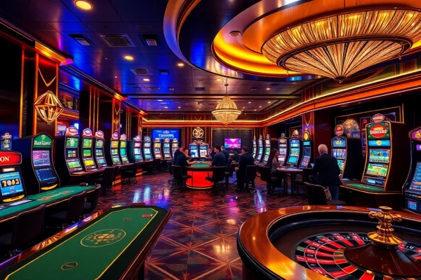 Experience the excitement of SX88.com with an engaging casino interior filled with vibrant gambling elements.