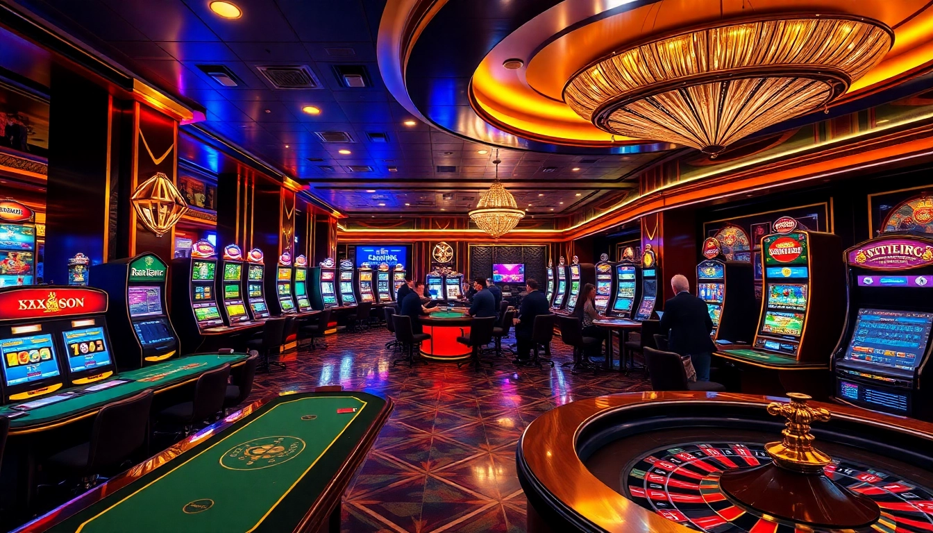 Experience the excitement of SX88.com with an engaging casino interior filled with vibrant gambling elements.