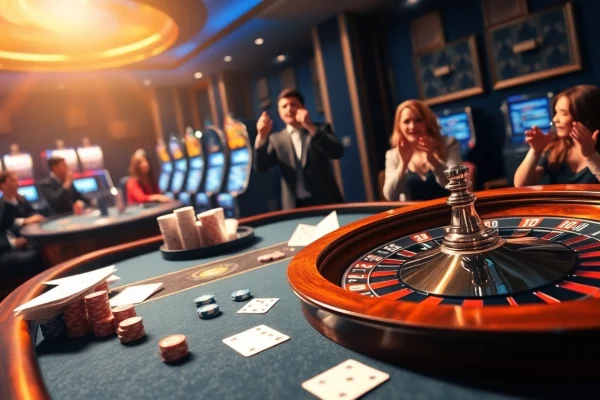 Agen Judi Bola players excitedly engage at a glamorous casino table with roulette and poker elements.