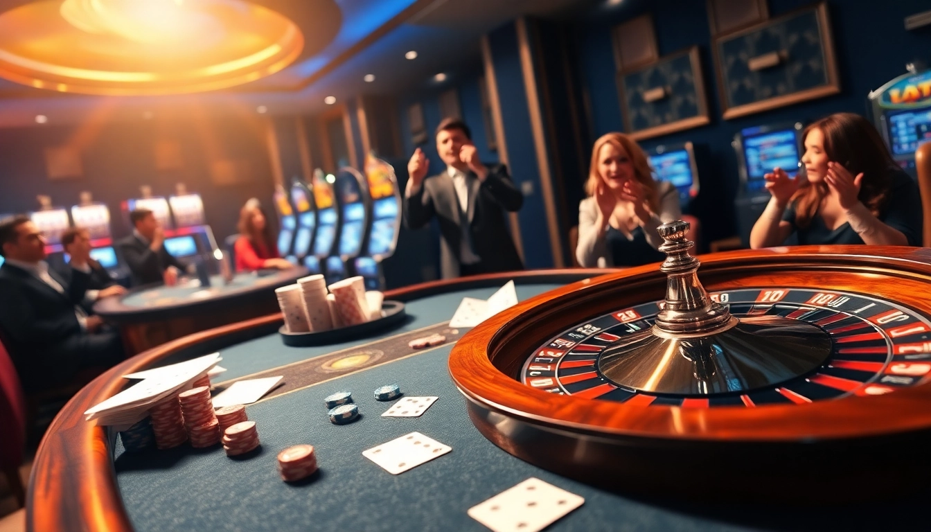 Agen Judi Bola players excitedly engage at a glamorous casino table with roulette and poker elements.