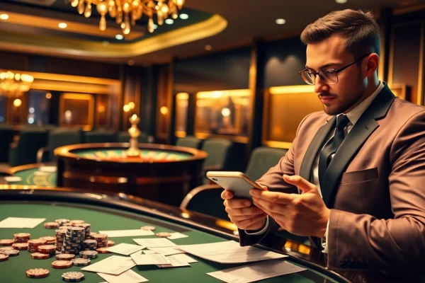 Exciting Agen Judi Bola atmosphere with poker chips, sports betting slips, and a roulette wheel in a luxurious casino.