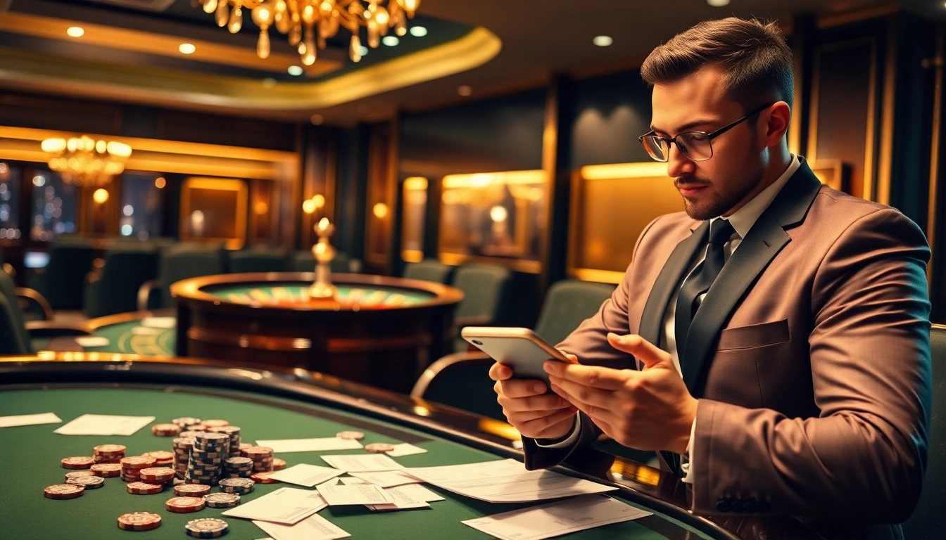 Exciting Agen Judi Bola atmosphere with poker chips, sports betting slips, and a roulette wheel in a luxurious casino.