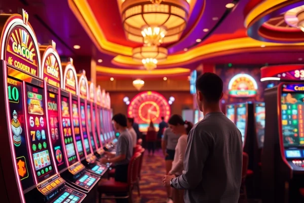 Pemain judi menikmati sensasi mesin slot gacor dalam suasana kasino yang meriah.