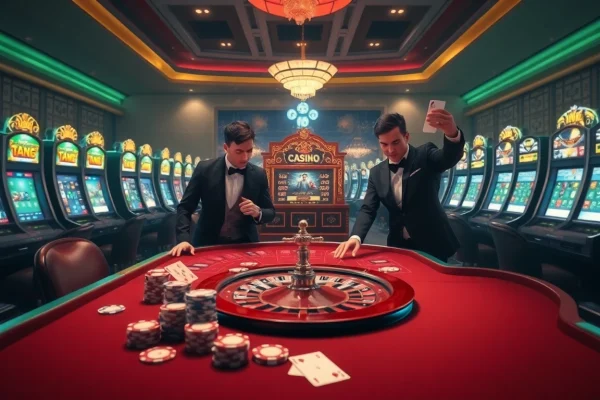 Nohudoithuong casino table with poker chips and roulette wheel, showcasing luxury and excitement.