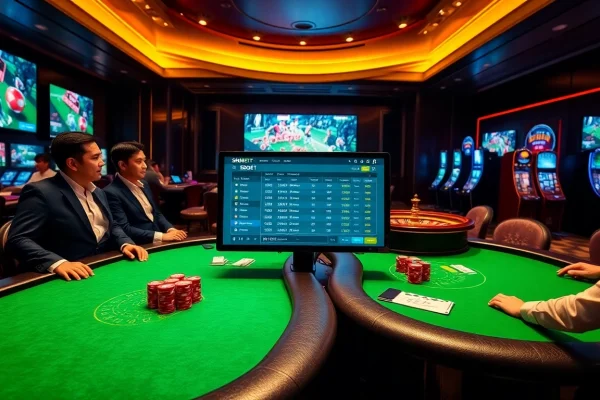 A thrilling Agen Judi Bola betting scene featuring SBOBET betting interface and excited gamblers.